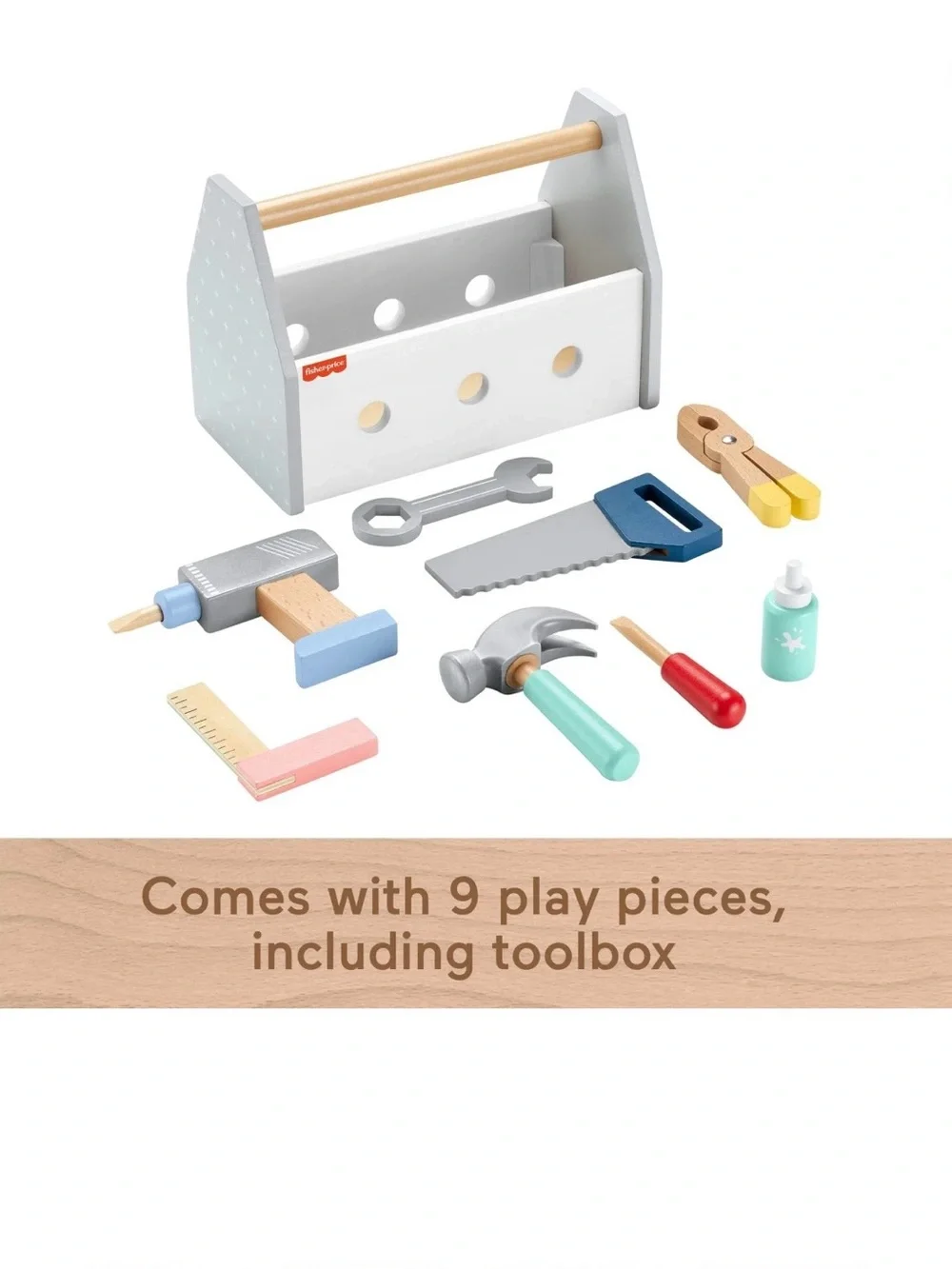 Fisher-Price Wooden Tool Box with Toy Drill Hammer Pliers Saw Wrench *NEW*